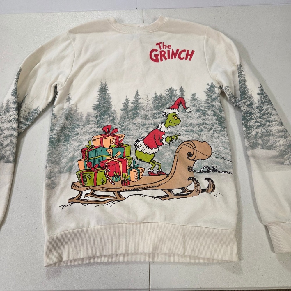 The Grinch Dr Seuss Christmas Sweatshirt Cream Fleece Graphic Sleigh Max XS